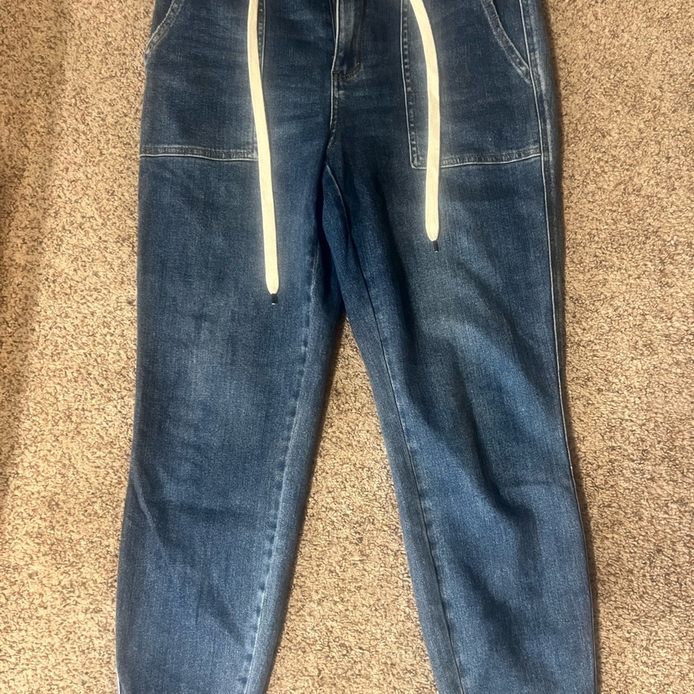 Judy Blue Dark Blue Slim Straight Denim Jeans with Cream Drawstring